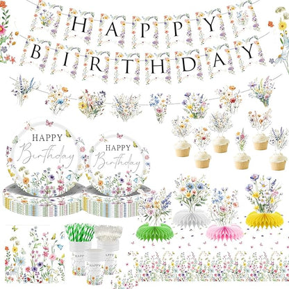 Wildflower Birthday Party Decorations for Girls Women, Banner Centerpieces Cupcake Toppers Tablecloth, Spring Floral Paper Plates Napkins Cups Forks Straws Supplies Serve 20