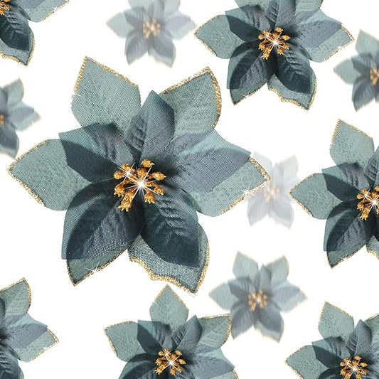 WILLBOND 24 Pcs 3 Size Poinsettia Flower Artificial Christmas Decor Glitter Poinsettia Christmas Ornaments Faux Flowers for Xmas Tree Outdoor(3.2/4/6 Inches,Black Green)