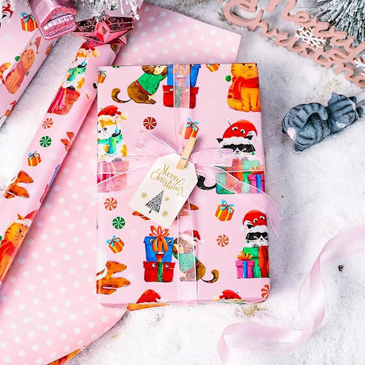 MAYPLUSS Christmas Wrapping Paper Roll - 17 Inch X 33 Feet - Pink Cute Cat Christmas Hat Reversible Polka Dot Gift Wrapping Paper, Thick Wrap Paper for Holiday Party New Year Kids