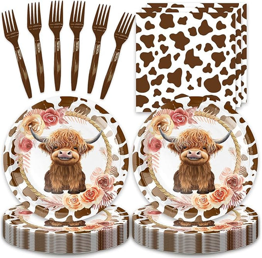 48pcs Highland Cow Party Decoration Set,16 Dessert plate,16 Napkin And 16 Fork,16 persons Highland Cow Baby Shower Disposable tableware,Used Holy Cow Baby Boy Birthday Party Supplies