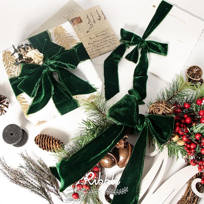 Ribbli Forest Green Velvet Ribbon 2 Inch Handmade Frayed Vintage Christmas Ribbon for Gift Wrapping Christmas Tree Ornament Wreath Craft Home Decor -3 Yards