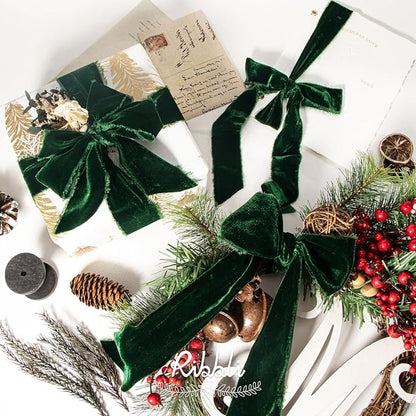 Ribbli Forest Green Velvet Ribbon 2 Inch Handmade Frayed Vintage Christmas Ribbon for Gift Wrapping Christmas Tree Ornament Wreath Craft Home Decor -3 Yards