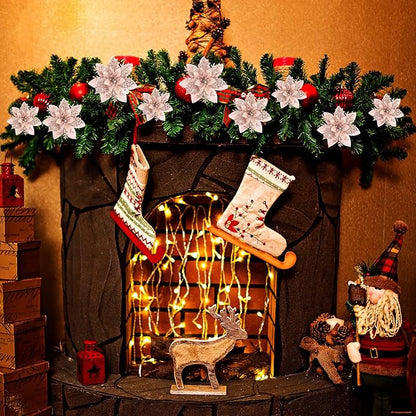 Geosar 36 Pcs Christmas Glitter Artificial Poinsettia Flowers Xmas Poinsettia Artificial Wedding Flowers Decorations Xmas Tree Ornaments with Clips for Party, 6 Inch, 4 Inch, 3 Inch(Rose Gold)