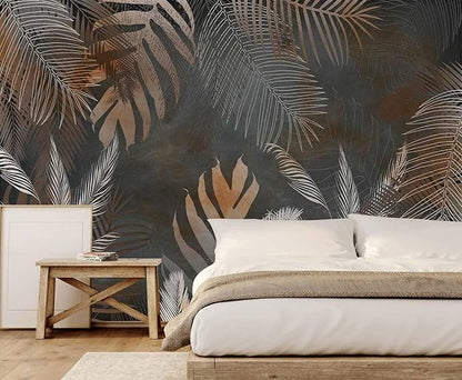 Tropical Leaf Wallpaper Mural Gray Botanical Leaves Floral Wall Mural for Bedroom Living Room (Not Self-Adhesive)