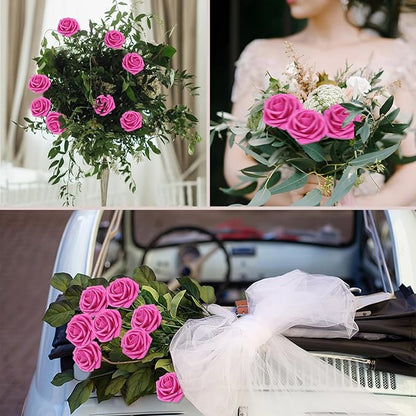 50Pcs Hot Pink Artificial Flowers Roses Real Looking Foam Fake Roses with Leaves and for DIY Wedding Bouquets Bridal Shower Centerpieces Party Decorations (Hot Pink, 50)