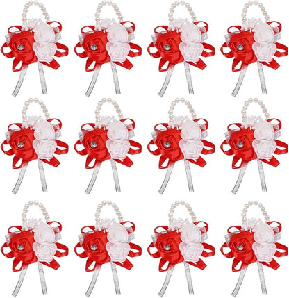 MECCANIXITY 12Pcs Wrist Corsage Artificial Flower Bracelets Rose Wrist Bride Groom Decorative for Wedding Ceremony Prom Party Anniversary Red