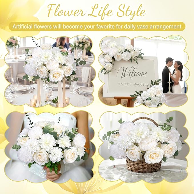 98 Pcs Assorted Faux Flowers Heads with Stem Eucalyptus Leaves Silk Artificial Flowers Bouquet Floral Table Centerpieces for DIY Wedding Party Wreath Home Decoration (White,Classic Style)