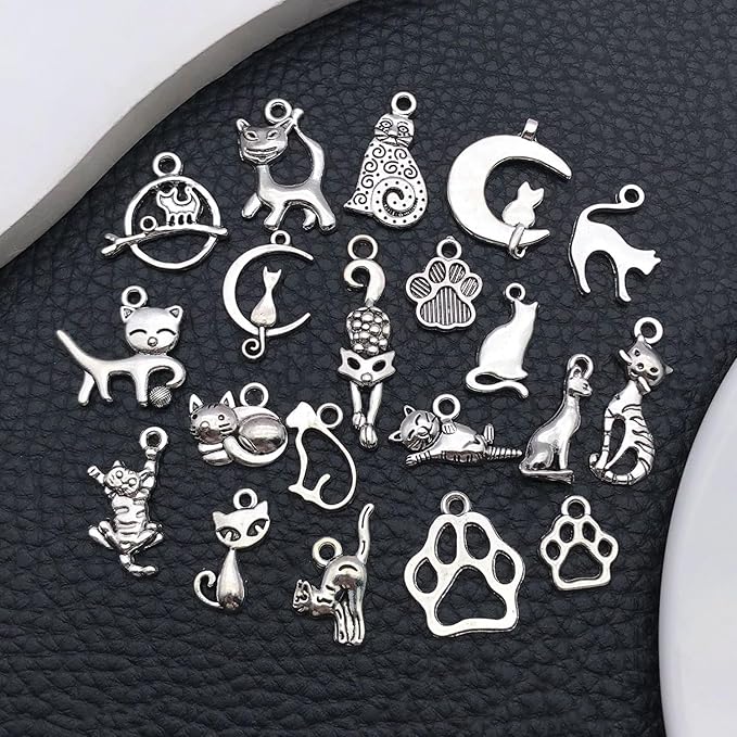 WOCRAFT 60pcs Antique Silver Cat Bracelet Charms for Jewelry Making Sets DIY Necklace Bracelet Keychain Crafting Charms Kit Craft Supplies (SN839)