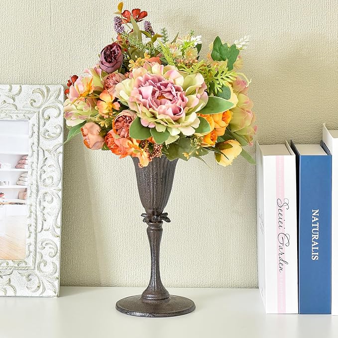 Sungmor Cast Iron Tabletop Flower Vase, Vintage Pretty Tulip Design, 8.6" Tall Decorative Centerpieces Flower Stand, Artificial Flower Arrangements Home Decor for Ceremony Birthday Holiday Event Party