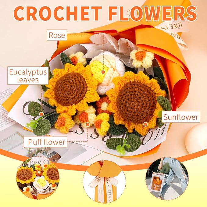 Crochet Flower Bouquet Crochet Flowers, Crochet Flower Bouquet Sunflower, Handmade Crochet Bouquet for Graduation, Birthday Gifts for Women