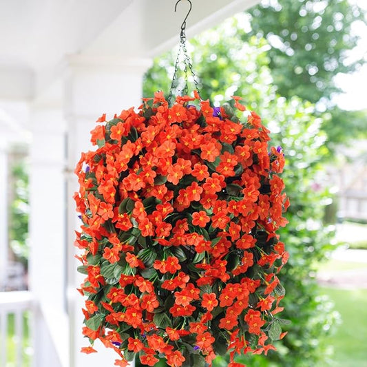 Artificial Fake Fall Hanging Flowers Plants Baskets for Outdoor Outside, Faux Silk Autumn Orange Daisy Mums Trailing Vines in Planter Realistic UV Resistant for Balcony Porch Decor