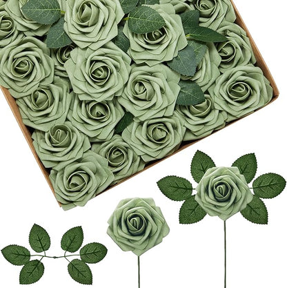 InnoGear Artificial Flowers, 50 Pcs Elf Green Rose Foam Fake Roses Bulk with Stems for Spring Decoration DIY Wedding Bouquets Centerpieces Bridal Shower Party Christmas Tree