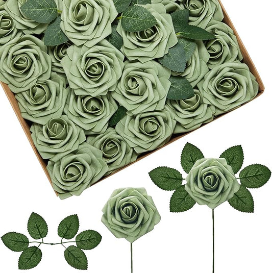 InnoGear Artificial Flowers, 50 Pcs Elf Green Rose Foam Fake Roses Bulk with Stems for Spring Decoration DIY Wedding Bouquets Centerpieces Bridal Shower Party Christmas Tree
