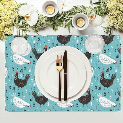 Lovely Roosters Placemats Set of 4,Hens 12x18 Inch Non-Slip Washable Heat Resistant Linen Fabric Table Mats,Place Mats for Holiday Party