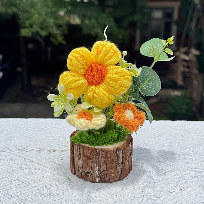 Handmade Crochet Puff Flowers Bouquet Creative Knitted Potted Plant Cute Home Desktop Decorations and Gifts for Friends, Lovers, Classmates