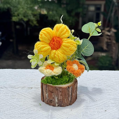 Handmade Crochet Puff Flowers Bouquet Creative Knitted Potted Plant Cute Home Desktop Decorations and Gifts for Friends, Lovers, Classmates