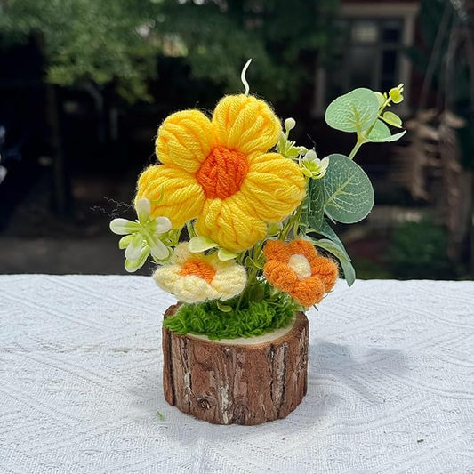 Handmade Crochet Puff Flowers Bouquet Creative Knitted Potted Plant Cute Home Desktop Decorations and Gifts for Friends, Lovers, Classmates