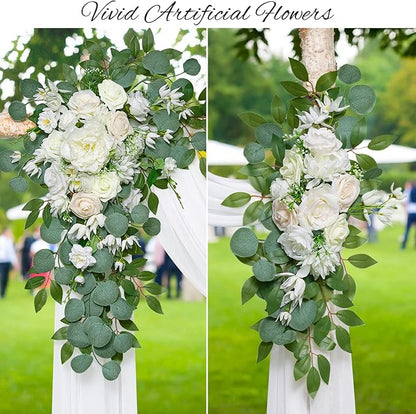Ponatia Artificial Wedding Arch Flowers Kit (Pack of 3) With 26Ft Shiny Arch Draping Fabric, Arches for Ceremony, Decorations for Reception (White)