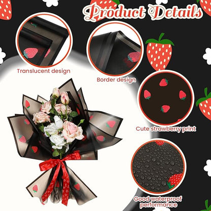 Liobelon 20 Sheets Flower Wrapping Paper Waterproof Bouquet Paper with Strawberry Pattern Black Gift Wrapping Paper for Flower Shop, Wedding, Birthday Party, Handmade DIY, Anniversary 22.8 x 22.8Inch