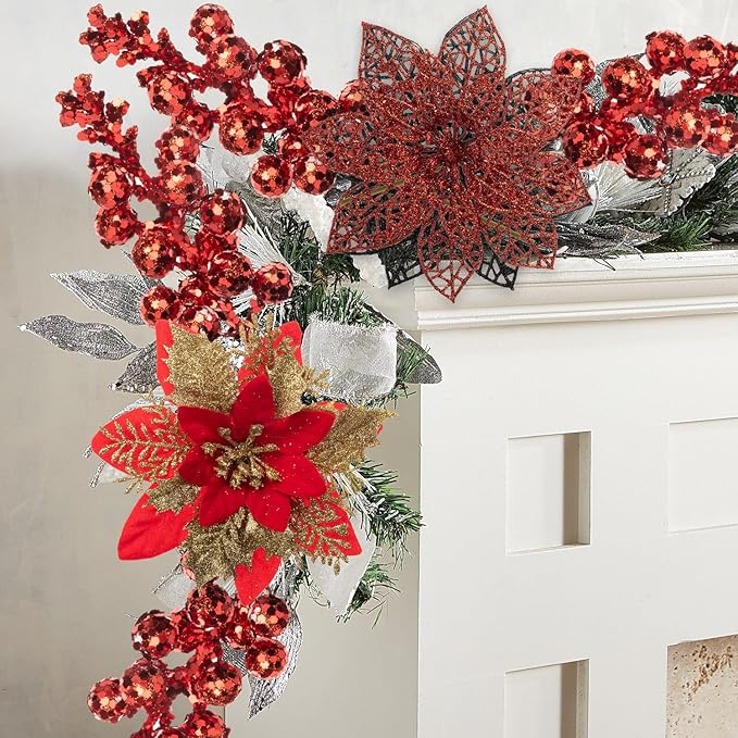 24Pcs Christmas Poinsettia Artificial Flowers and Glitter Berries Kit, 2 Styles Total 16Pcs Christmas Tree Flowers Ornaments, 8Pcs Christmas Tree Picks for Wedding Holiday Decorations, Red Gold