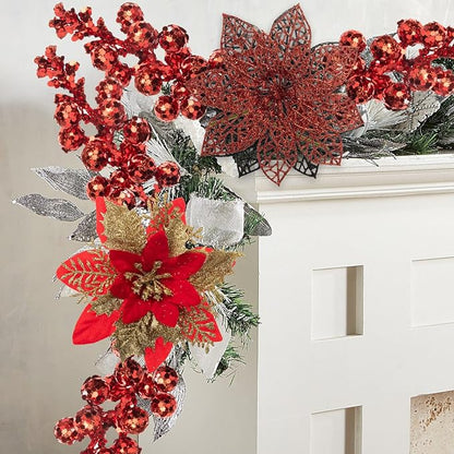 24Pcs Christmas Poinsettia Artificial Flowers and Glitter Berries Kit, 2 Styles Total 16Pcs Christmas Tree Flowers Ornaments, 8Pcs Christmas Tree Picks for Wedding Holiday Decorations, Red Gold