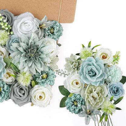 AmyHomie Teal Blue Artificial Flowers Combo Silk Mix Peony Rose Fake Flowers w/Stem for DIY Wedding Bouquets Centerpieces Arrangements Table Fall Decor Party Bridal Baby Shower Home Decorations