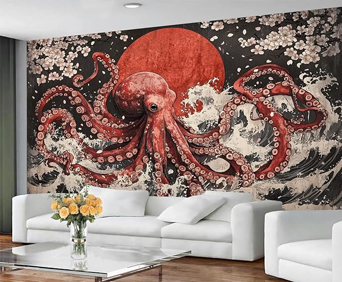 Japanese Wave Octopus Wall Mural, Japanese Traditional 3D Wall Murals, Ocean and Octopus Wallpaper Mural, for Living Room Bedroom Large Wallpaper Indoor Decor 137.8" W x100 H