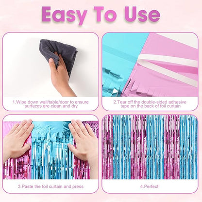 3 Pack 3.3x8.2 Feet Blue and Pink Foil Fringe Backdrop Curtains, Tinsel Streamers Birthday Party Decorations, Fringe Backdrop for Graduation, Baby Shower, Gender Reveal, Disco Party