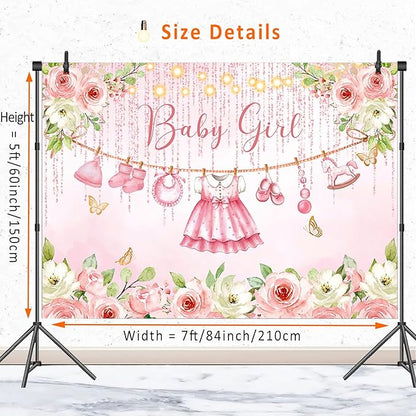 Pink Floral Baby Girl Baby Shower Backdrop Party Decorations,Rose Gold Flower Its a Girl Banner Backdrops Photography Background for Baby Shower Newborn Party Supplies Photo Booth Props 7x5ft