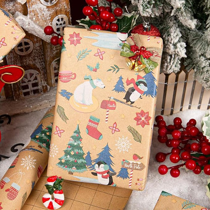 MAYPLUSS Christmas Wrapping Paper Roll - 17IN X 33FT - Kraft Gift Wrapping Paper Featuring Cute Polar Bear Penguin Christmas Tree Holly Reversible Cut Lines for Kids, Holiday, New Year
