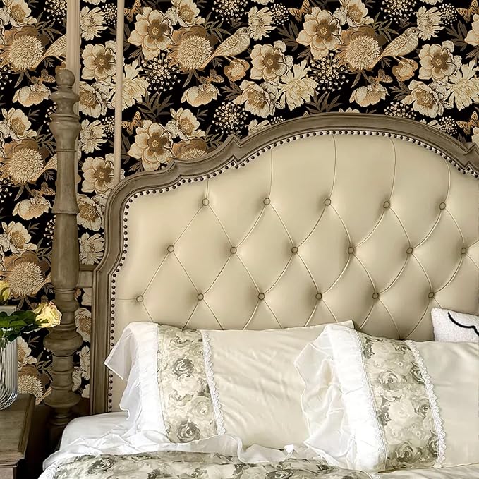Floral & Birds Peel and Stick Wallpaper Antique Gold Black Self Adhesive Removable Floral Wallpaper for Bedroom Renter Friendly Floral Contact Paper for Bedroom Bathroom Walls Shelf Liner 17.7"x236.2"