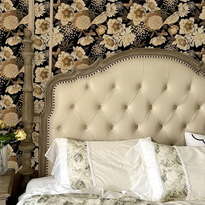 Floral & Birds Peel and Stick Wallpaper Antique Gold Black Self Adhesive Removable Floral Wallpaper for Bedroom Renter Friendly Floral Contact Paper for Bedroom Bathroom Walls Shelf Liner 17.7"x236.2"