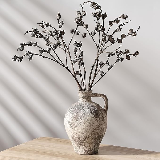 Antique Ceramic Vase, 8.3 Inch Terracotta Vase with Handle, Tuscan Decor Decorative Vase, Rustic Vase for Home Decor, Farmhouse, Living Room, Floor, Wedding, Christmas- Gray