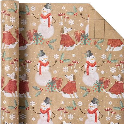 WRAPAHOLIC Kraft Christmas Wrapping Paper - Mini Roll - 17 Inch x 33 Feet - Snowman and Christmas Dog Wrapping Paper for Holiday, Party Celebration