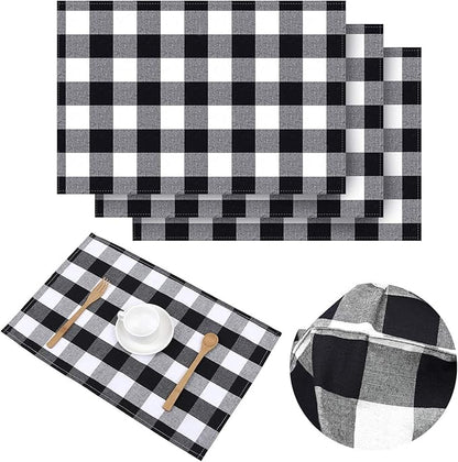 Aneco 4 Pack Buffalo Plaid Placemats Checkered Place Mats Double Layer Placemats 13 x 19 Inches Decorative Kitchen Cotton Table Placemats, Black and White