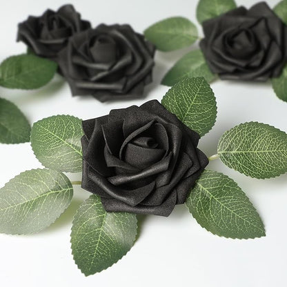 Mocoosy 50Pcs Black Roses Artificial Flowers, Fake Roses for Decorations, Real Touch Foam Rose Bulk with Stem Gothic Wedding Bouquet DIY Floral Arrangements Bridal Shower Valentine's Party Table Decor