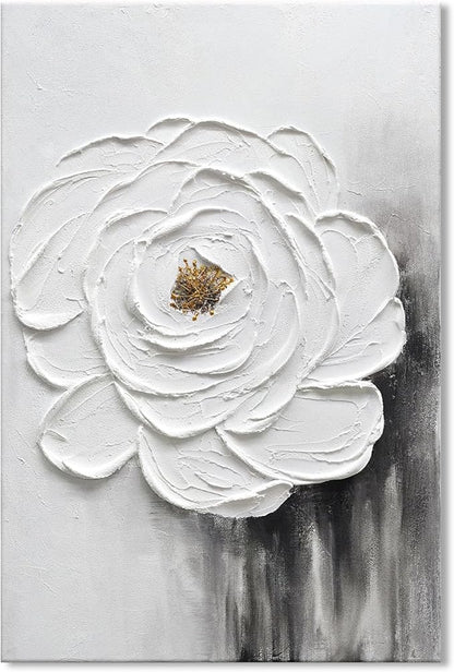 JUHOME Hand-Painted Oil Painting White Flowers Texture Black White Wall Art,3D Abstract Decorative Canvas Wall Decor, Home Office Hall Wall Decorative, 24 x 36