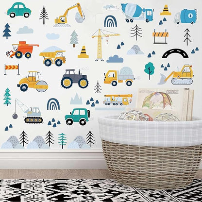 Construction Vehicles Wall Decals - 90Pcs (6 Sheets) Peel & Stick Removable Wall Stickers for Boys Room, Nursery, Playroom - Trucks, Excavator, Crane Theme Boho Kids Bedroom Decor, Easy DIY