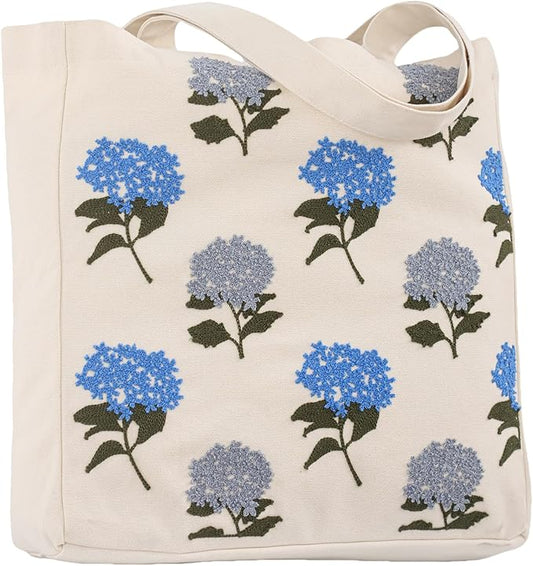 Aesthetic Embroidery Tote Bag for Lady Cute Reusable Canvas Shoulder Bag for Girls Women Shopping Grocery