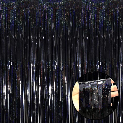 4 Pack Black Tinsel Foil Fringe Curtain Backdrop, 3.28Ft x 8.2Ft Metallic Streamers for Photo Booth Props Wedding Bridal Shower Bachelorette Birthday Halloween Christmas Party Decoration