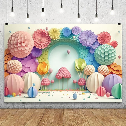 YongFoto Paper Flowers Backdrop 20x10ft Colorful Cut Paper Floral Blossom Rainbow Arch Hot Air Balloon Honeycomb Ball Photography Background Lovely Party Banner Home Decor Photo Studio Booth Props