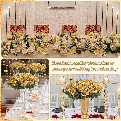 30pcs Fake Roses Artificial Silk Flowers Long Stems Bouquet for Wedding Bridal Shower Party Home Decoration (Gold)