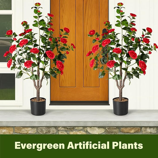 Artificial Camellia Tree,2Pack 3.6FT Faux Red Camellia Plants in Pots,Lifelike Artificial Flower Trees for Indoor Outdoor Home Decor,Realistic Blooming Faux Plants for Living Room Porch Patio Office