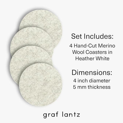Graf Lantz - Bierfilzl Merino Wool Round Coasters Set of 4 - Heather White (4" Circles) - Absorbs 30% of Weight, German Wool - Heat Resistant, Sustainable, & Reusable - Home Decor & Coffee Table Decor