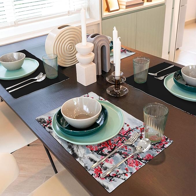 Ink Painting Cherry Blossoms Placemats Set of 4,Vintage Chinese Art Ink Painting Flower Linen Placemats Decoration for Family Dinners, Party, Holidays, Gathering 4 PCS