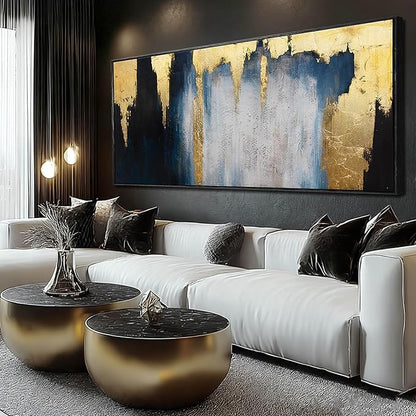 Modern Abstract Blue and Gold Framed Wall Art 32x70 Extra Large Canvas Painting Contemporary Artwork for Living Room Office Decoration