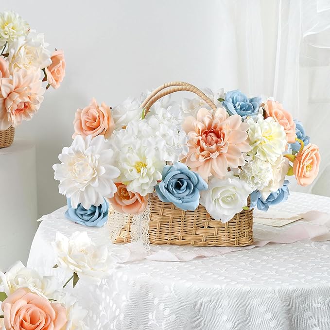 AGIRL Artificial Flowers Combo Silk Mix Blue Fake Flower with Stems for DIY Wedding Bouquets Centerpieces Arrangements Table Chair Decor Baby Shower Home Decor (Champagne Blue)