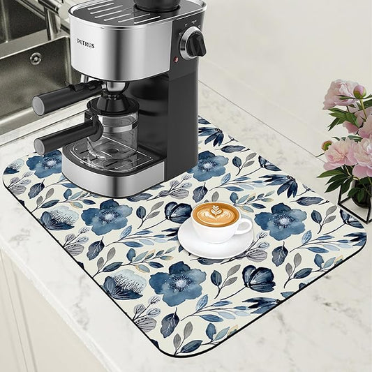 Blue Flowers Dish Drying Mat for Kitchen Counter Coffee Mat Hide Stain Absorbent Dish Drainer Rack Pad with Non-Slip Rubber Backed Espresso Machine Coffee Bar Accessories 11.8 x 19.7 Inch