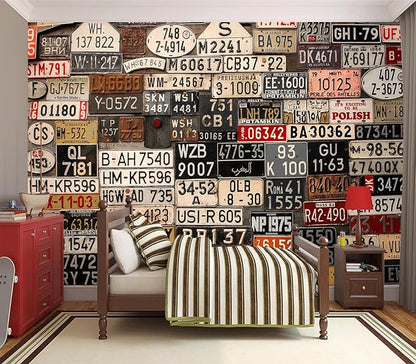 Eierme-Old License Plates from Around The World Mural Wallpaper Peel and Stick 90" x 67"