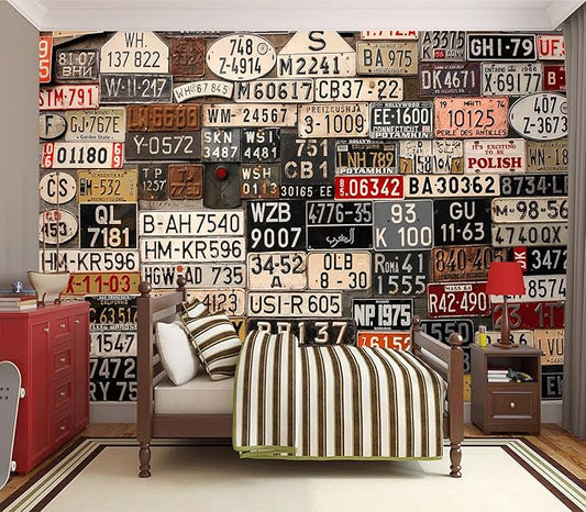 Eierme-Old License Plates from Around The World Mural Wallpaper Peel and Stick 160" x 114"